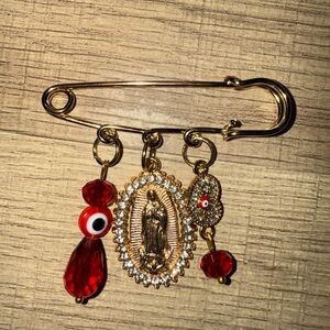 Gold and Red Charm Safety Pin Brooch
